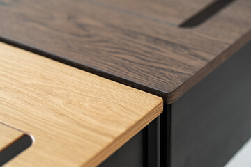 Empty rough wooden table top in the dark room