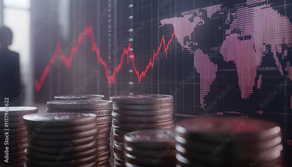 Aufkleber stacks of coins in front of a global financial crisis graph depicting a sharp decline in the market.