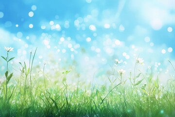 Fototapeta premium Celebrating world environment day abstract background of green grass and blue sky with bokeh effect