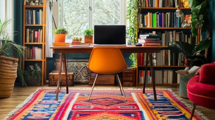 Eclectic home office with a laptop on the desk, vibrant books stacked neatly, and a bright rug adding character to the room