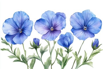 A watercolor illustration of blue pansy flowers with green leaves.