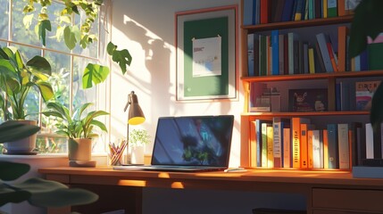 Home office with a sleek laptop, colorful books arranged neatly, and a sunny window illuminating the space