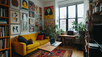Minimalist home office with a bright aesthetic, laptop, colorful books, and motivational posters on the walls