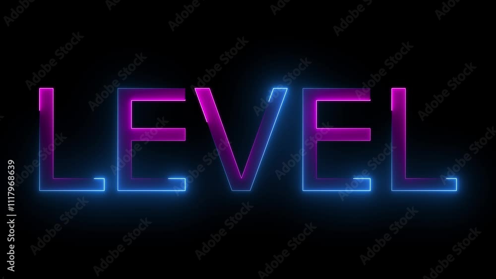 Aufkleber level text font with neon light. glowing color letters spelling out level on black background.
