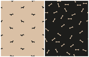 Simple Seamless Vector Pattern With Dachshund And Bones. Tiny Bones Isoalted On A Black Background. Little Dogs On A Light Brown Backdrop. Sausage Dog Endless Print Ideal For Dogs Lovers.