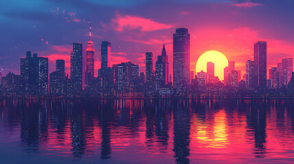 Obraz premium city, sunset, skyline, sky, cityscape, building, architecture, water, sunrise, dusk, urban, downtown, buildings, sun, night, clouds, evening, skyscraper, river, silhouette, landscape, view, morning, t