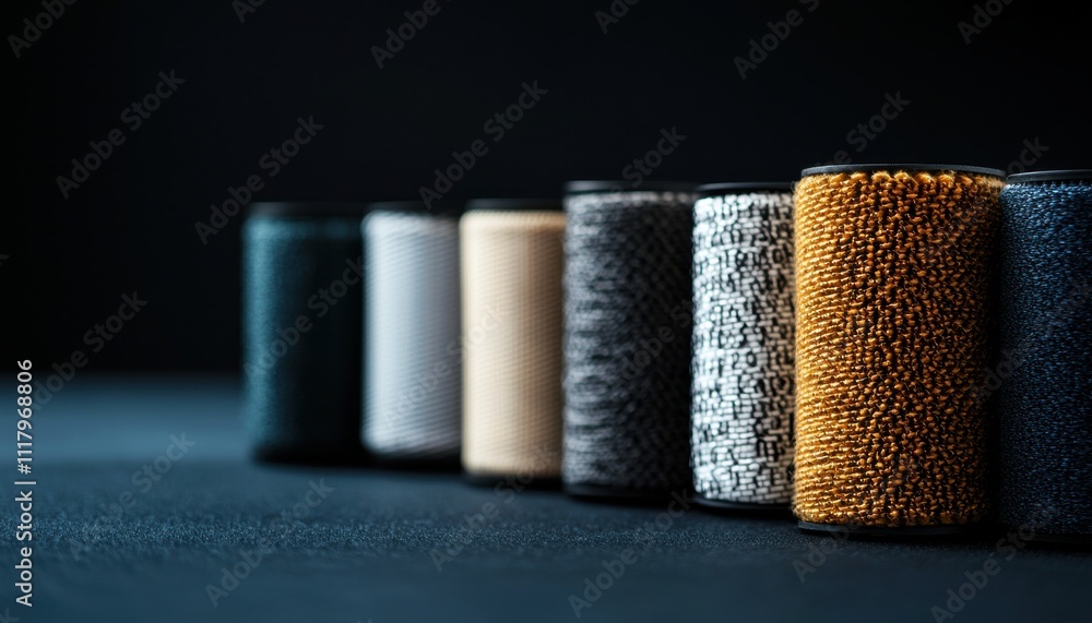 Poster a close-up of colorful sewing threads arranged neatly, showcasing diverse textures and hues against 