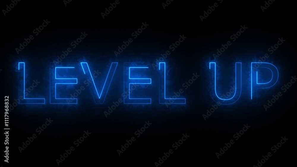 Poster abstract level up text font with neon light, with black background.