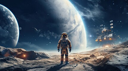 space exploration concept, man in spacesuit walking on the moon with spacecraft behind him