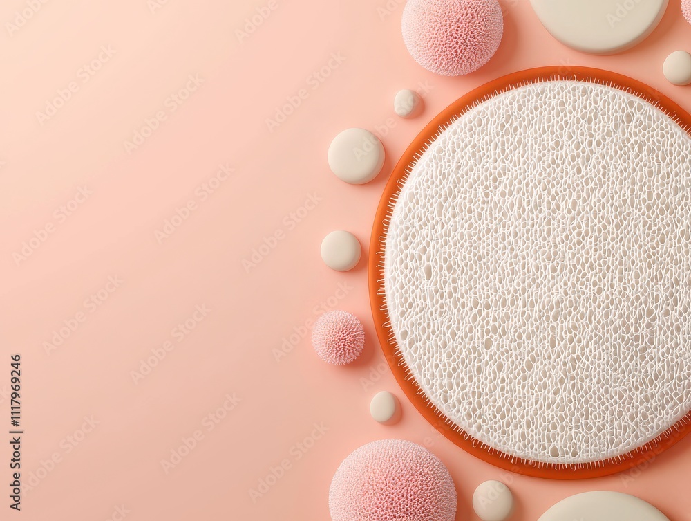 Poster a collection of textured circular elements on a soft pink background, creating a modern and aestheti