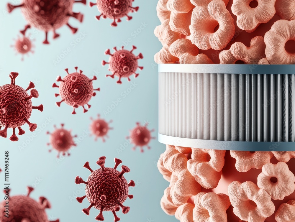 Poster a close-up representation of a virus structure surrounded by floating viral particles, illustrating 