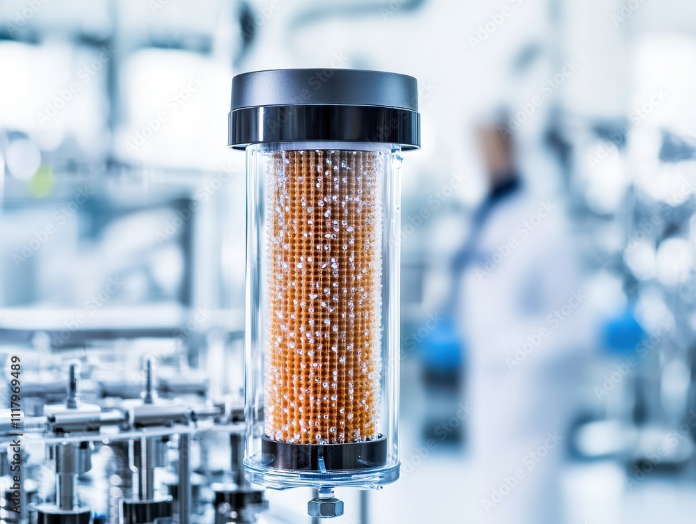 Aufkleber a transparent cylindrical container filled with small beads, set in a lab environment, highlighting 
