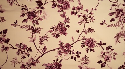 Close-up of antique floral fabric featuring clusters of pink flowers on a soft beige background, perfect for vintage design, home decor, and interior fabric use in elegant and classic styles