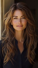 Naklejka premium Headshot of a woman, smiling and confident, with long brown hair, wearing a black button-up shirt in front of a park background.