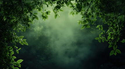 Obraz premium Lush Green Leaves Framing a Dreamy Misty Background, Perfect for Nature Themes, Environmental Projects, and Serene Atmosphere Creation in Photography
