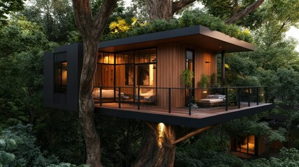 A modern tree house designed with an open concept layout, combining natural wood, background wallpaper AI generated image