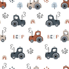 Seamless pattern with doodle transport - tractor for children. Perfect for kids bedding, fabric, wallpaper, wrapping paper, textile, t-shirt print. Vector illustration © Mariana