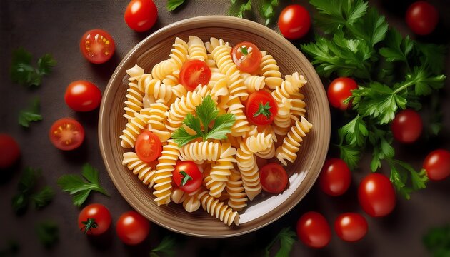 A plate of rotini pasta with cherry tomatoes and parsley, overhead view.