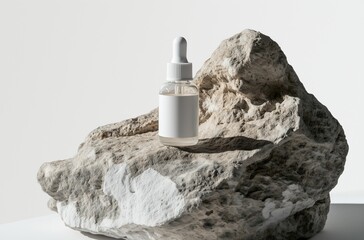 Render of spa bottle with perfume, essential oils or serum with a pipette stands on podium-natural stone on a white background, aesthetic style, concept for spa, massage or skincare. mock up