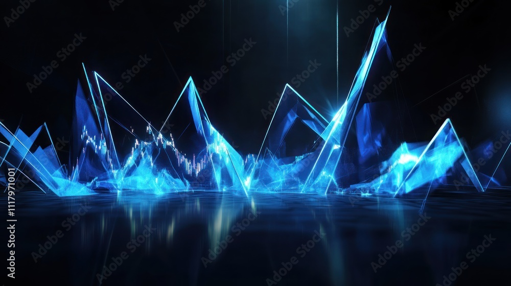 Poster here's a description and keywords for your image.. abstract blue energy wave, glowing crystal struct