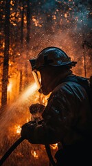 Naklejka premium Firefighter combats wildfire in forest during dramatic blaze at dusk
