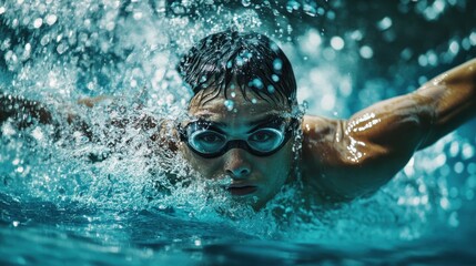 Fototapeta premium A swimmer in action, showcasing determination and skill in a competitive aquatic environment.