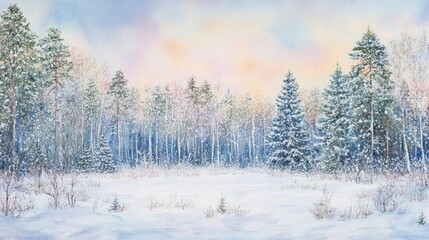 Fototapeta premium Watercolor illustration of a peaceful snowy coniferous forest landscape, showcasing snow-covered pine trees a serene winter panorama. A tranquil winter scene depicting nature’s beauty in cold months