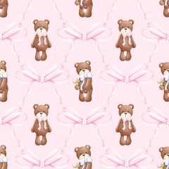 Seamless pattern Coquette Teddy Bear, Texture for Wallpaper, Gift Wrapping paper. Ideal for fabric,scrapbooking,banner , card, wrapping paper,
