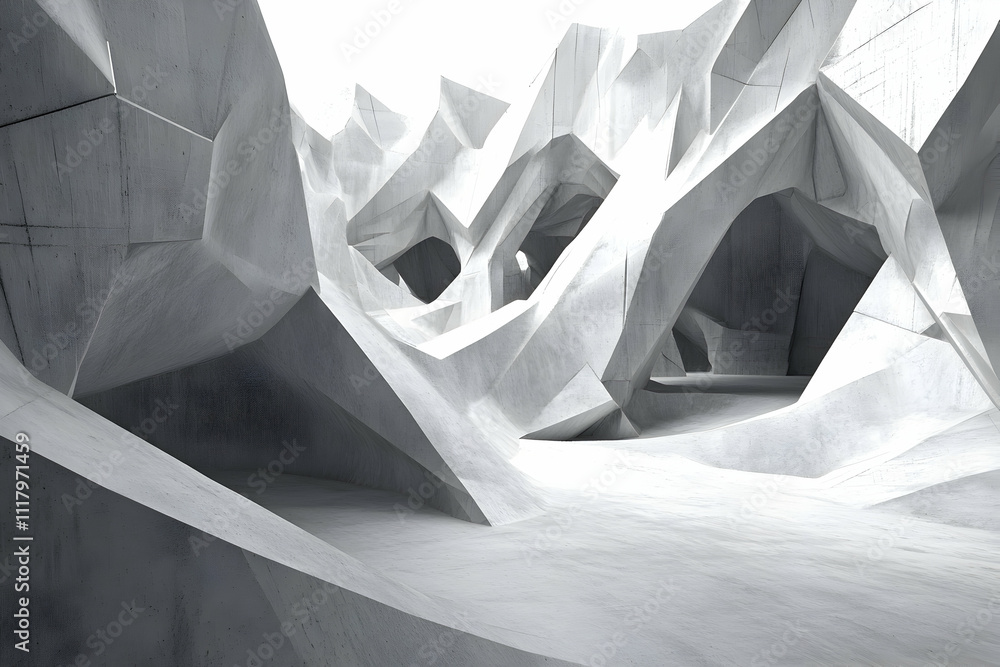 Poster abstract grayscale image of a cavernous, angular concrete structure. ideal for architecture, design,