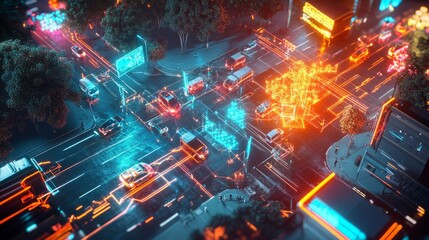 Fototapeta premium Neon-lit city intersection at night, showing futuristic traffic flow and digital data streams.