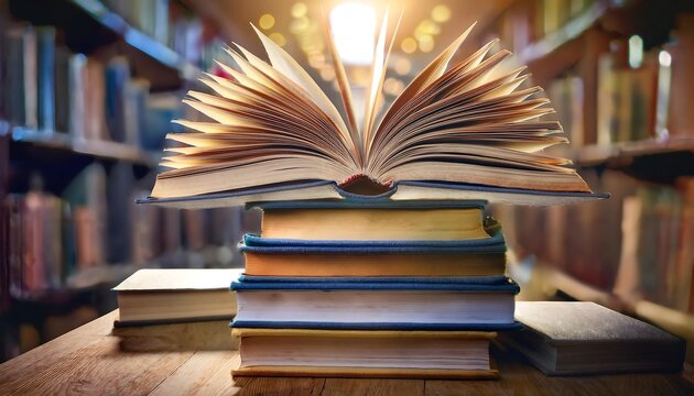 A tall stack of books, with one open on top, with a blurred library background