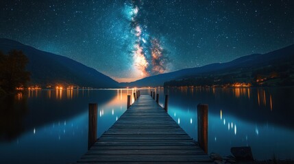 Serene night landscape featuring a starry sky over a calm lake with a wooden pier.