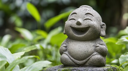Fototapeta premium Smiling stone statue surrounded by greenery in tranquil garden setting