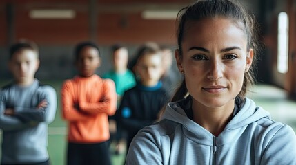 Naklejka premium A focused female coach stands in front of young athletes, promoting teamwork and training.