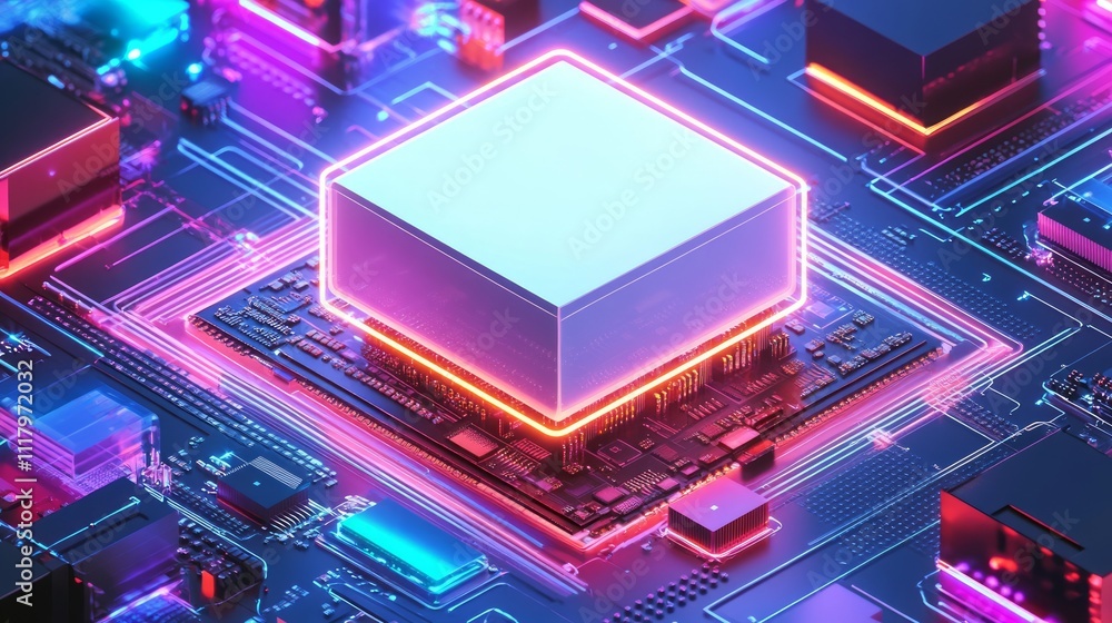 Poster neon-lit central processing unit on a circuit board.