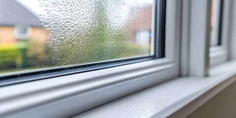 Close-Up of Moisture on Window Glass with Pane and Surrounding View