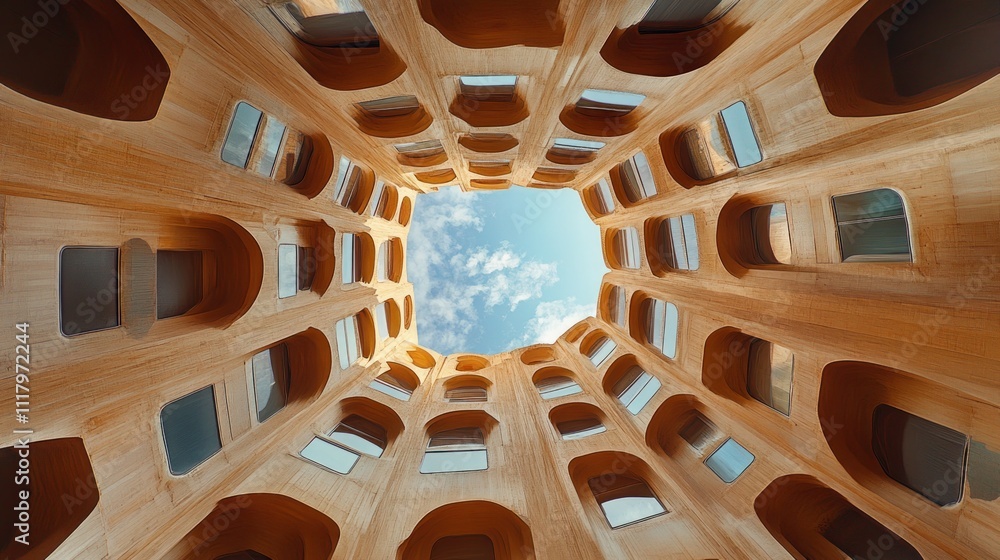 Poster a view looking up through a unique architectural structure with a blue sky above.