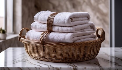 Obraz premium A wicker basket of neatly folded towels sits on a marble surface.