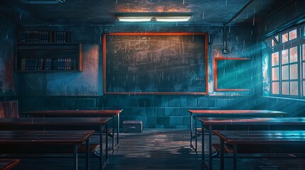Sunlit Vintage Classroom with Wooden Desks and Chalkboard in Historic School Building, Ai Generative