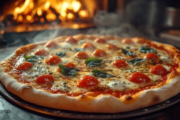 lose up Fresh baked hot Italian Pizza with steam with buffalo mozzarella and basil, tomatoes, pizzeria


