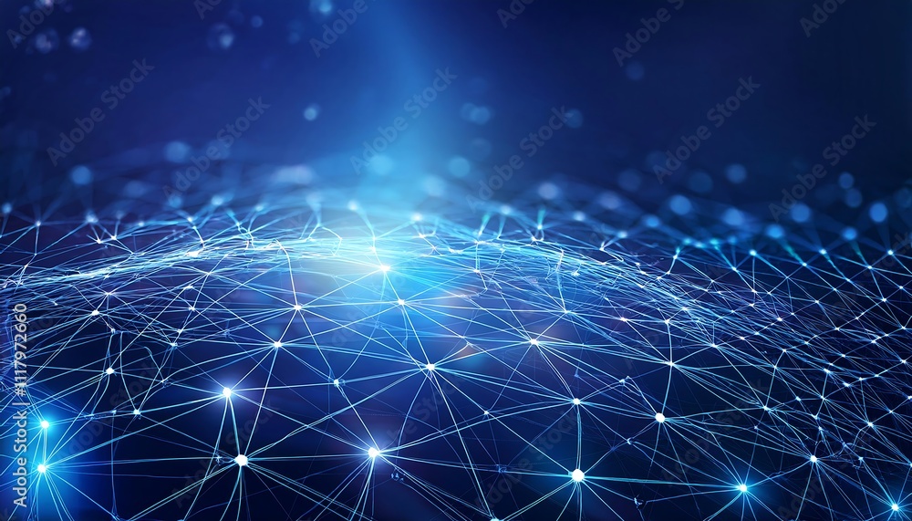 Poster abstract network visualization glowing nodes and connections on a blue background.