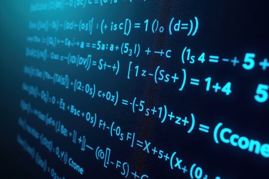 Abstract blue mathematical equations on digital screen with glowing neon light effect - Powered by Adobe