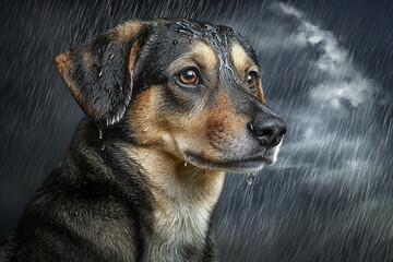 Dog with wet fur looking thoughtfully in a rainstorm