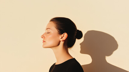 Fototapeta premium Minimalistic Portrait of a Woman with Soft Light and Elegant Shadow, Capturing Serenity and Artistic Essence in a Simple Background