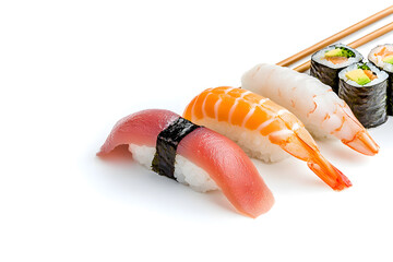 Top view asian food different nigiri set  isolated on white background