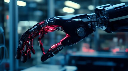 Fototapeta premium A close-up of a robotic hand with intricate mechanics and glowing elements.
