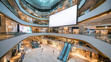 Concept of big blank white billboard inside modern shopping building for mockup or template material, background wallpaper AI generated image