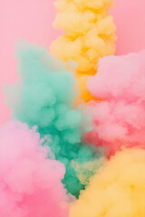 Colorful vapor clouds fill the air in a vibrant display against a soft backdrop during a creative event. Generative AI