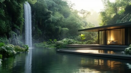 Modern villa with minimalist design, located next to a secluded waterfall in the middle of a dense green forest background AI generated image