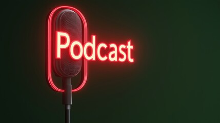 Neon podcast microphone sign against dark background